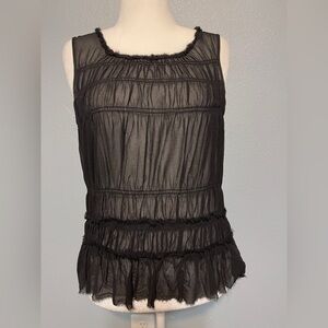 Theory Sheer Top Black Sleeveless Ruffle Hem Tiered Blouse Ethereal Petite XS
